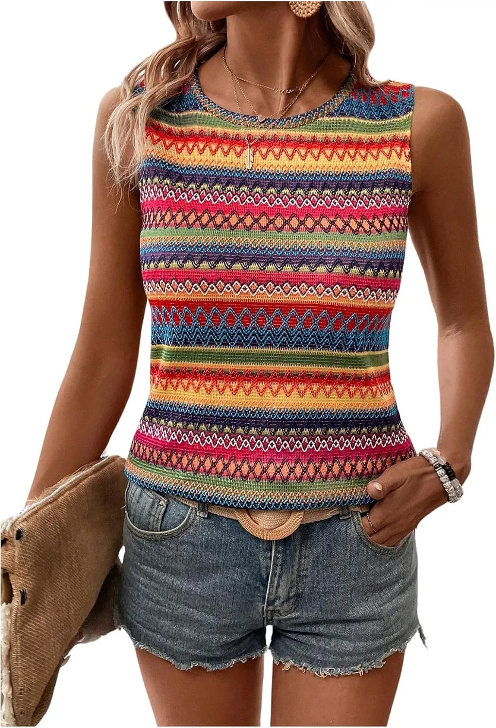 Women's Boho Tank Tops 2024 Causal Summer Sleeveless Vest Tops Geo Print Crewneck Shirts