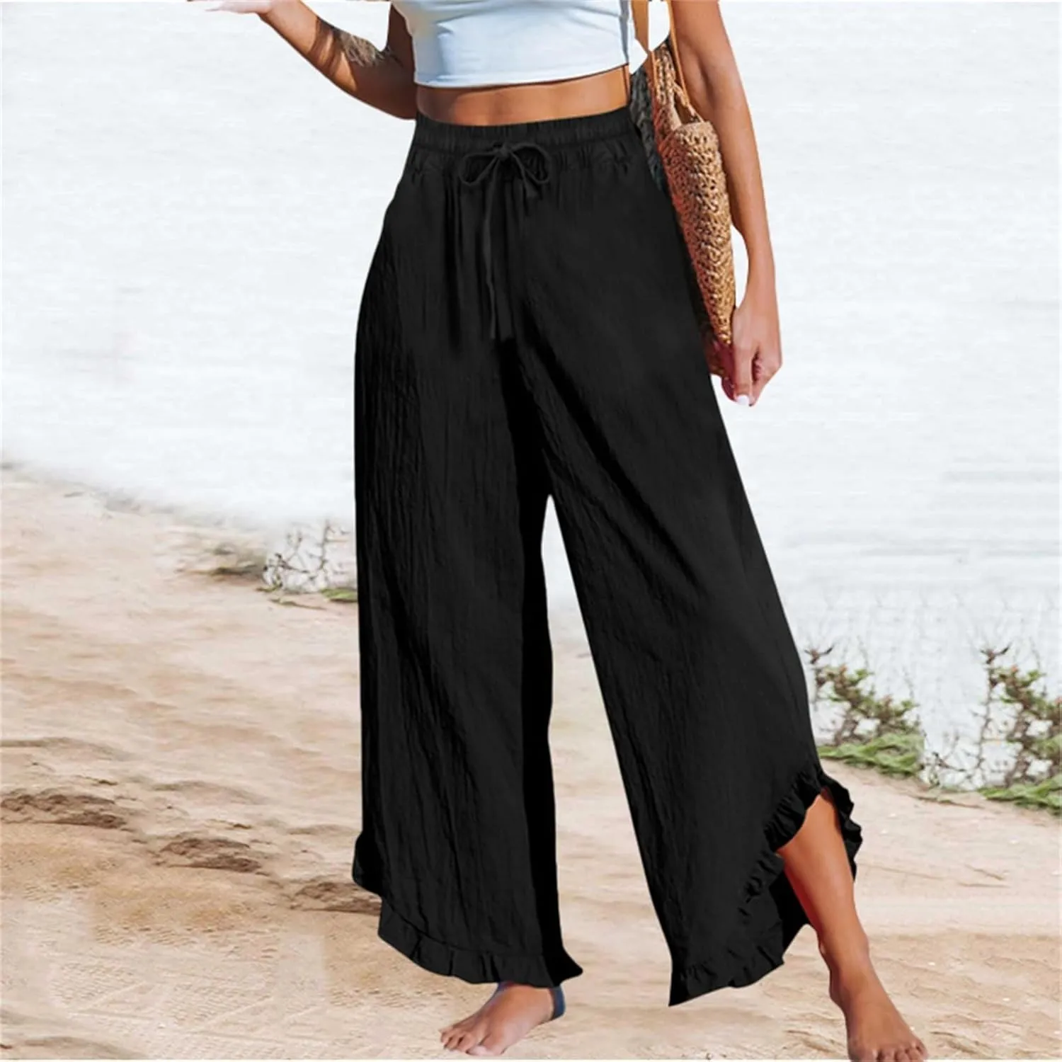 Womens Business Casual Linen Pants, 2025 Loose Fit Long Trousers 2025 Spring High Waist Knit Sweatpants with Pockets