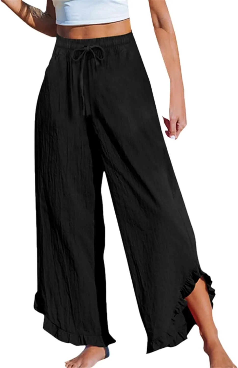 Womens Business Casual Linen Pants, 2025 Loose Fit Long Trousers 2025 Spring High Waist Knit Sweatpants with Pockets