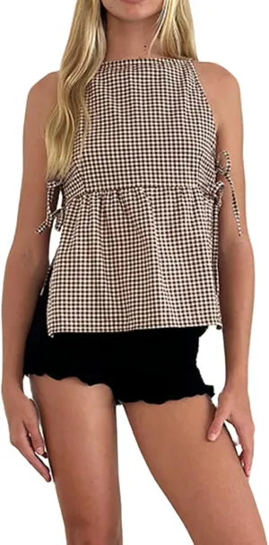 Women's Camisole Summer Tie Strap Tank Tops Y2k Solid Plaid Side Ties Sleeveless Tops Floral Embroidered Vest Top
