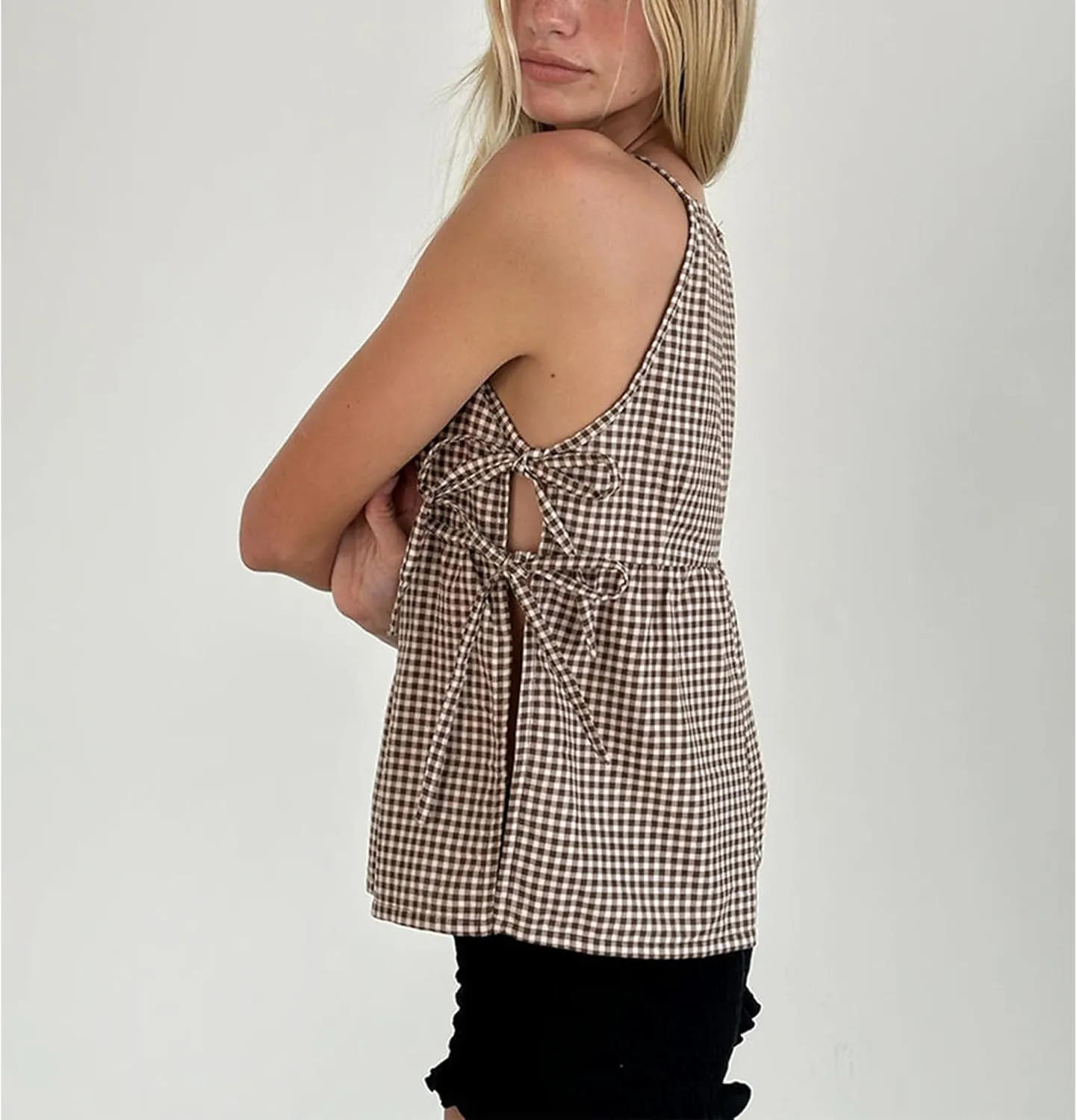 Women's Camisole Summer Tie Strap Tank Tops Y2k Solid Plaid Side Ties Sleeveless Tops Floral Embroidered Vest Top