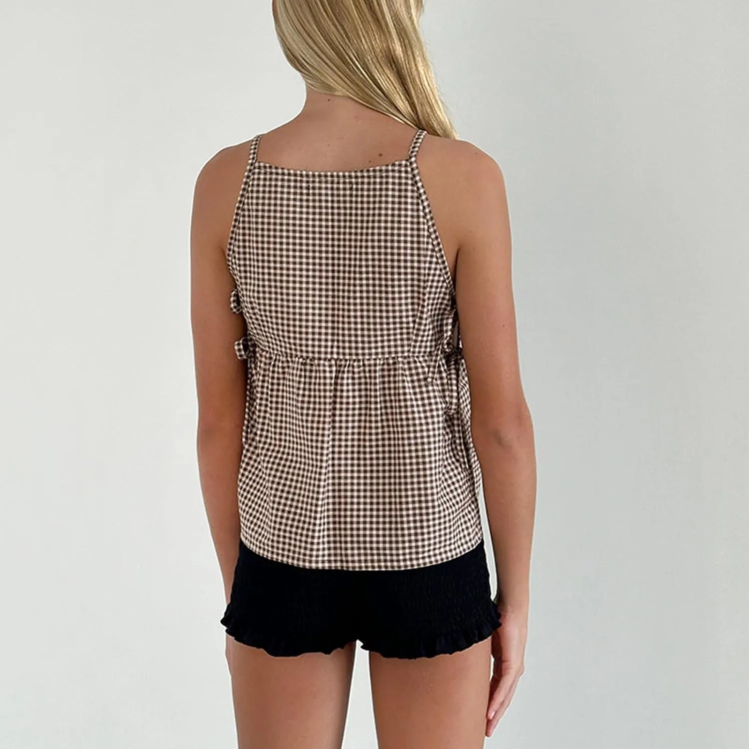 Women's Camisole Summer Tie Strap Tank Tops Y2k Solid Plaid Side Ties Sleeveless Tops Floral Embroidered Vest Top