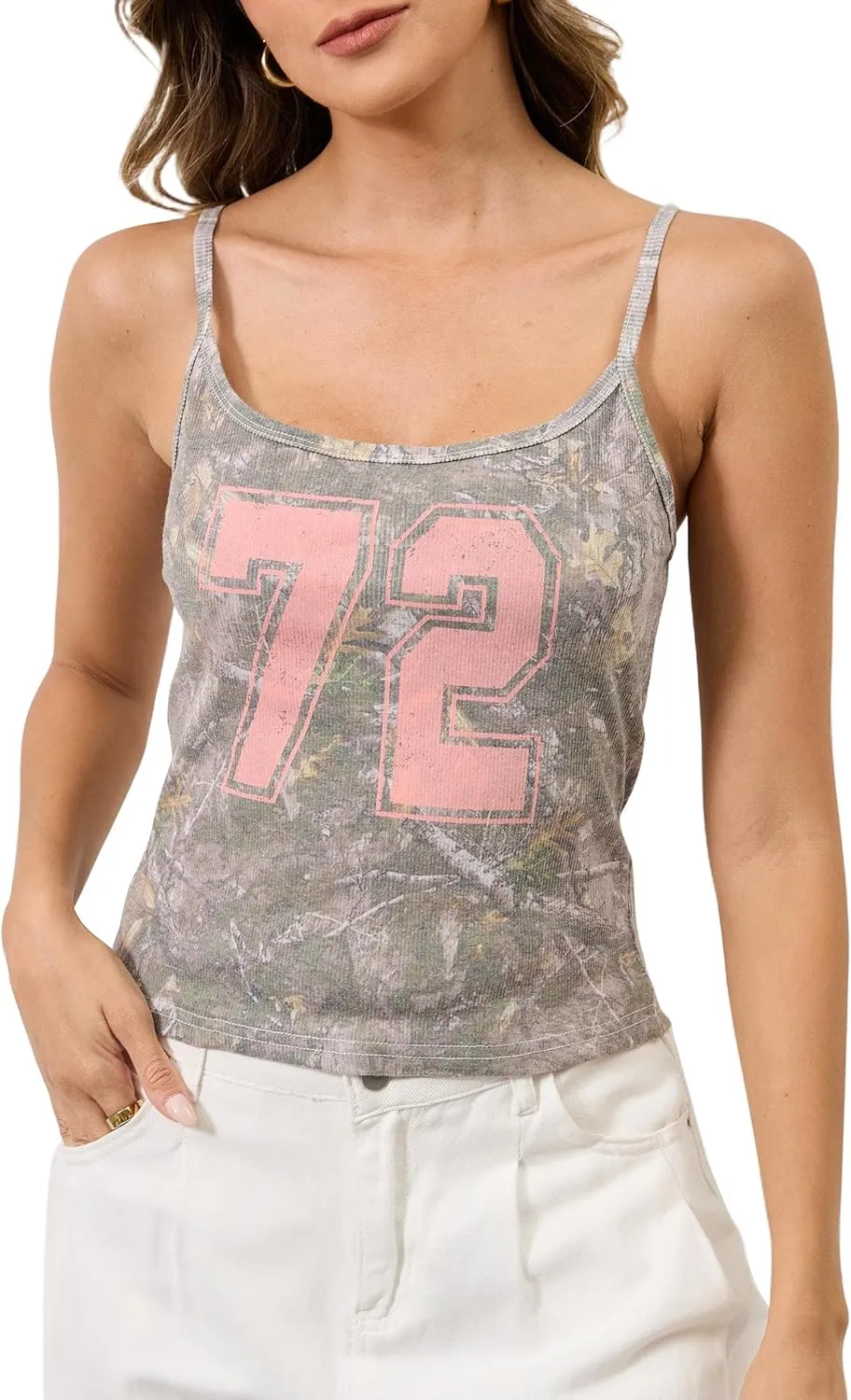 Women's Camo Spaghetti Strap Tank Top Square Neck Maple Print Camisole Tops Slim Fit Crop Tank Tops Workout Sleevless