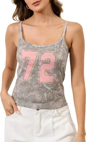 Women's Camo Spaghetti Strap Tank Top Square Neck Maple Print Camisole Tops Slim Fit Crop Tank Tops Workout Sleevless