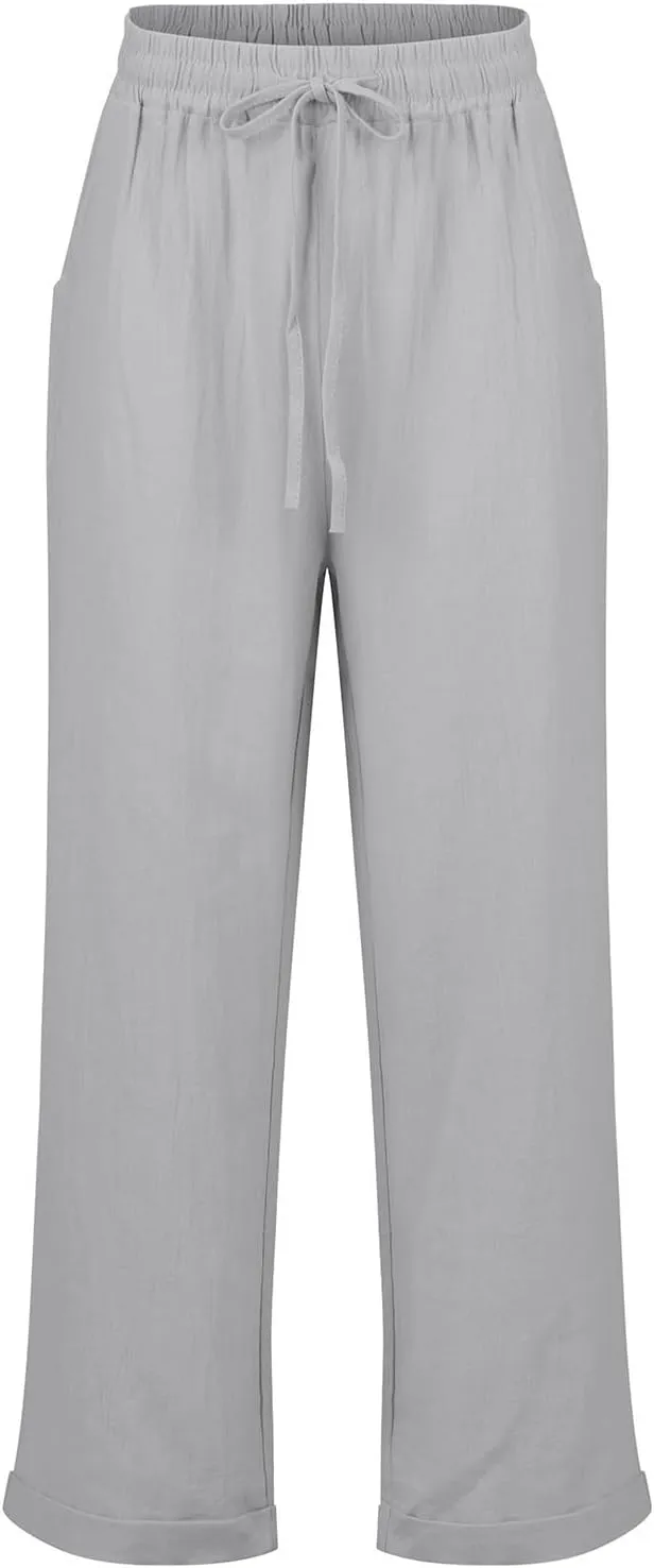 Women's Casual Cotton Linen Pants Drawstring High Waist Loose Fit Summer Pants Lounge Beach Trousers with Pockets