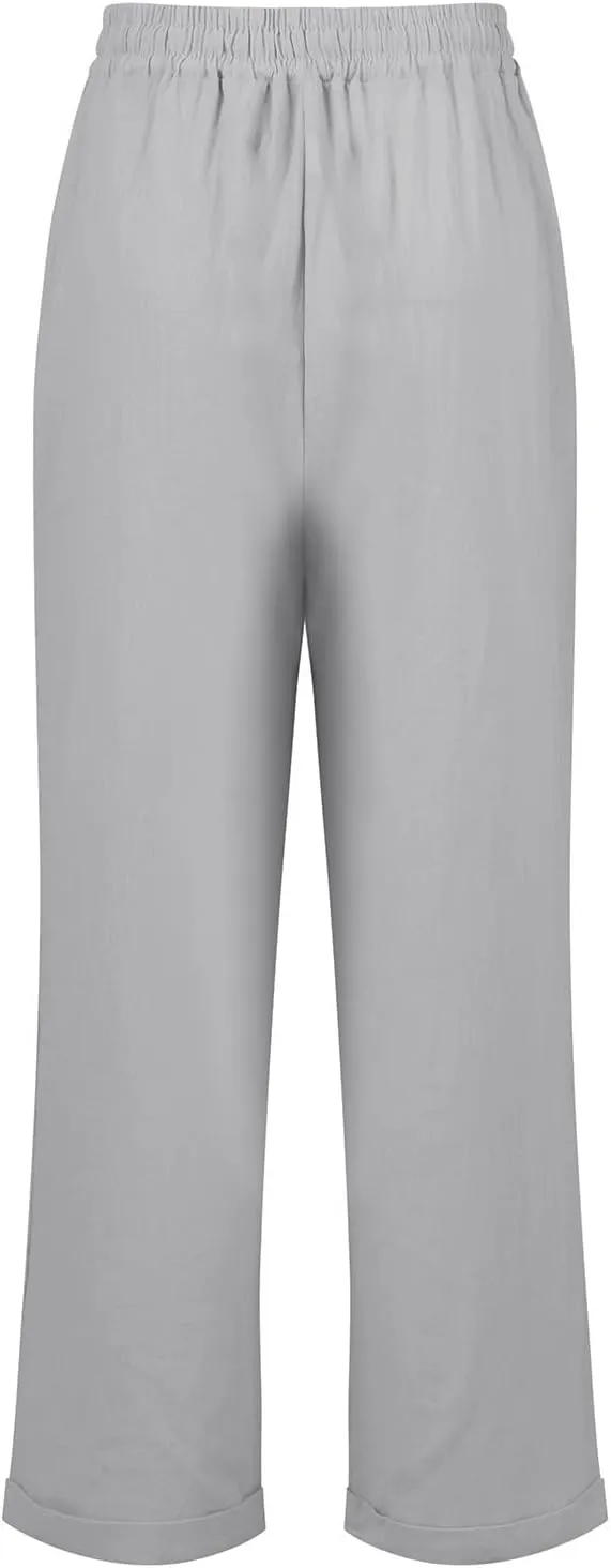 Women's Casual Cotton Linen Pants Drawstring High Waist Loose Fit Summer Pants Lounge Beach Trousers with Pockets