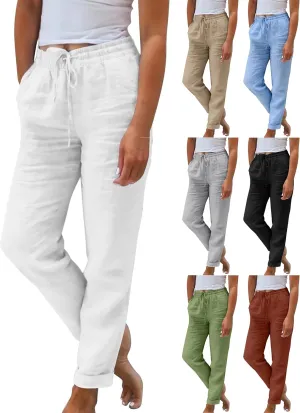 Women's Casual Cotton Linen Pants Drawstring High Waist Loose Fit Summer Pants Lounge Beach Trousers with Pockets