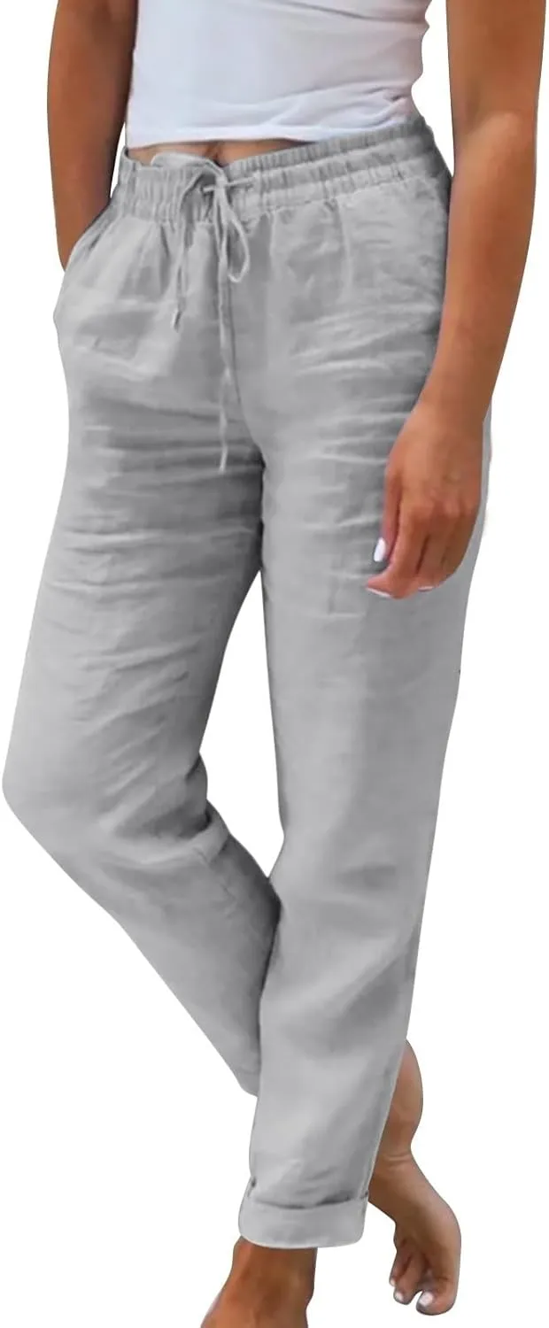 Women's Casual Cotton Linen Pants Drawstring High Waist Loose Fit Summer Pants Lounge Beach Trousers with Pockets
