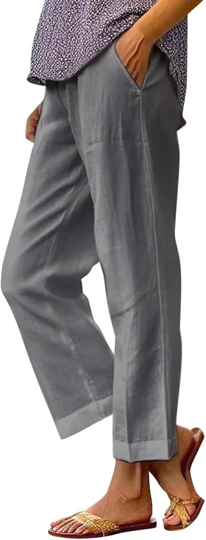 Womens Casual Cotton Linen Pants Lightweight Summer Relax Fit Elastic Waist Plus Size Solid Lounge Long Trousers