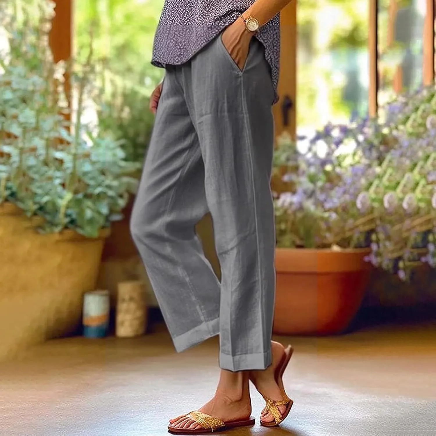 Womens Casual Cotton Linen Pants Lightweight Summer Relax Fit Elastic Waist Plus Size Solid Lounge Long Trousers