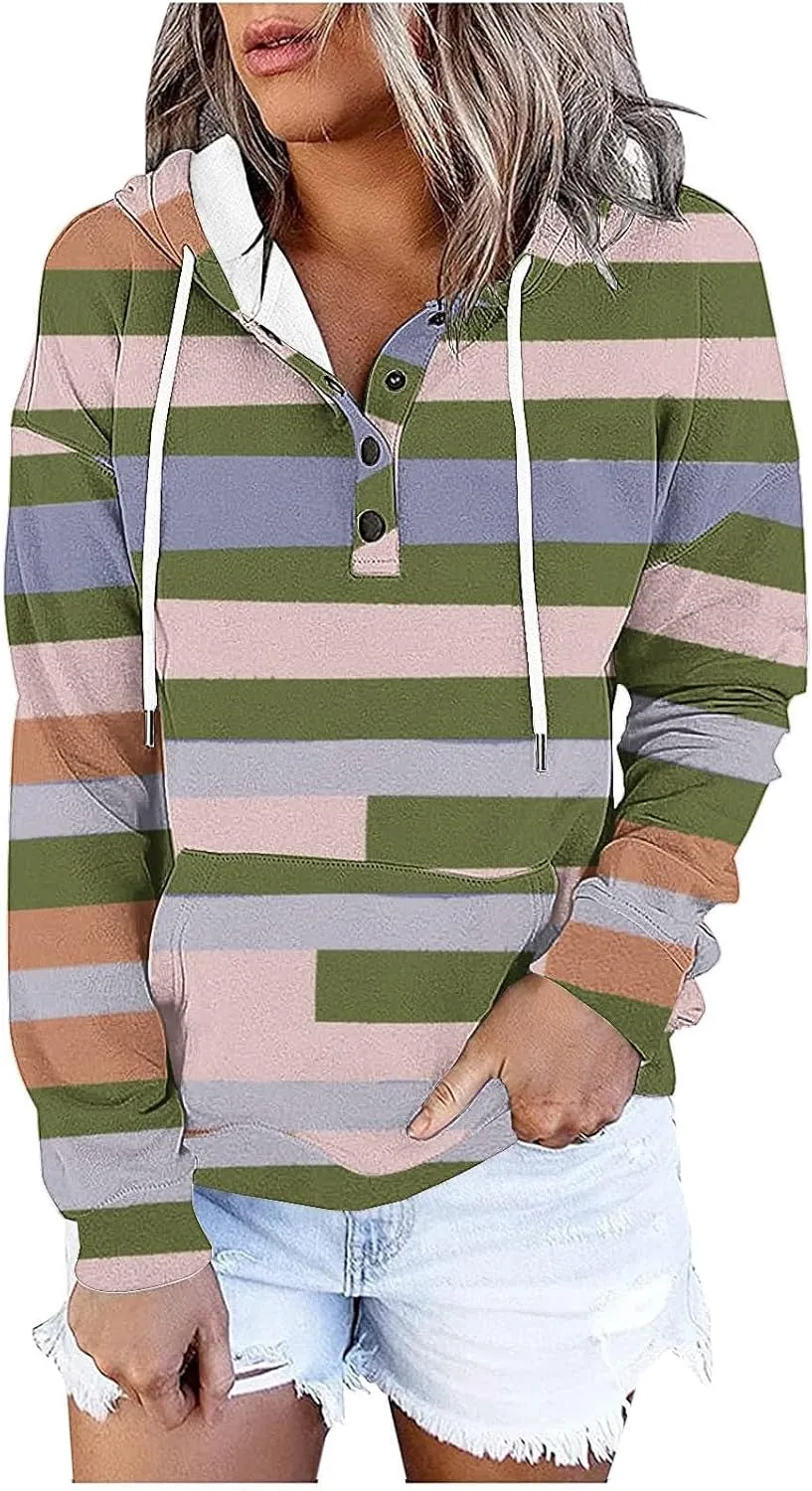 Women's Casual Striped Printed Hoodies Tops Button Pocket Long Sleeve Hooded Sweatshirts Fall Pullover Tops