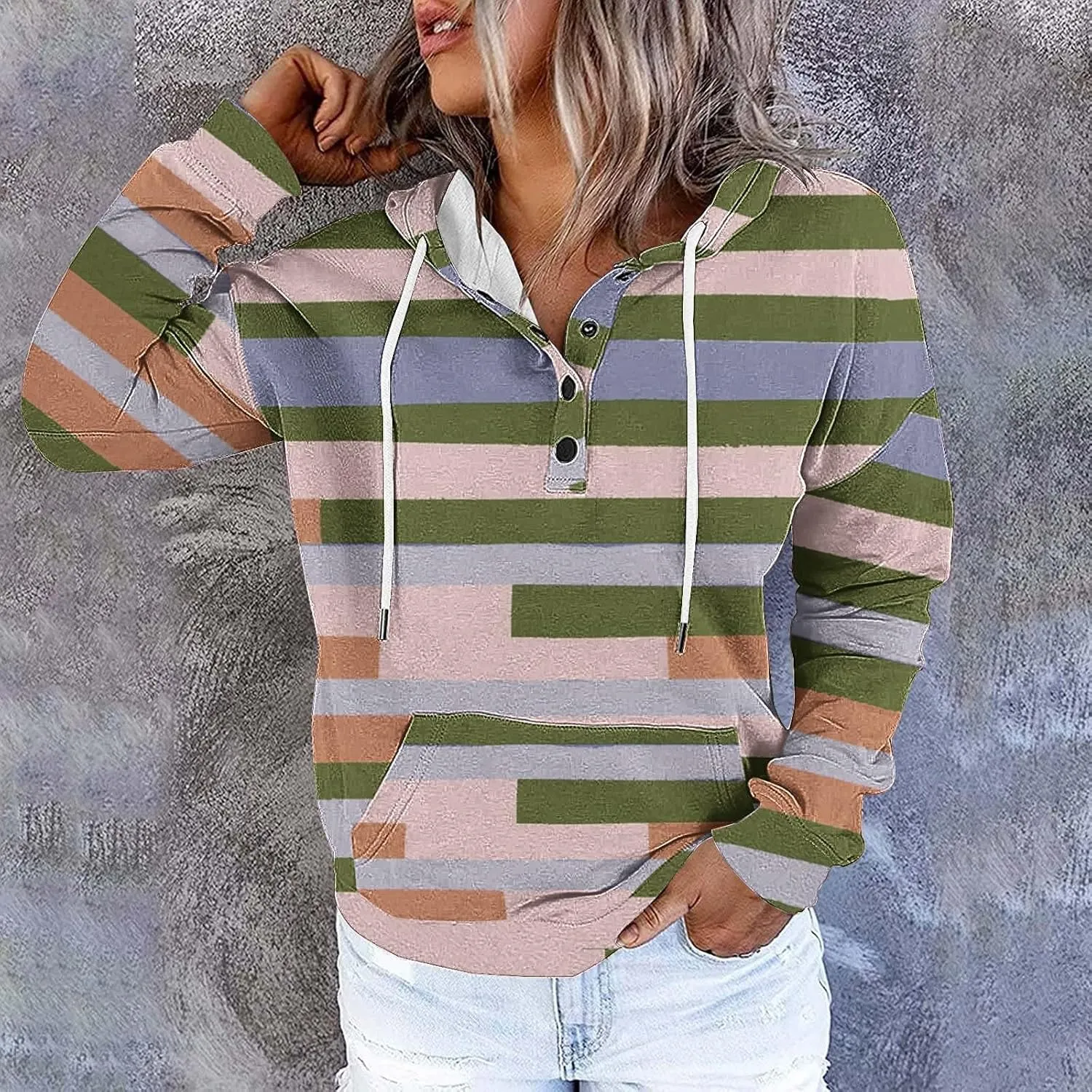 Women's Casual Striped Printed Hoodies Tops Button Pocket Long Sleeve Hooded Sweatshirts Fall Pullover Tops