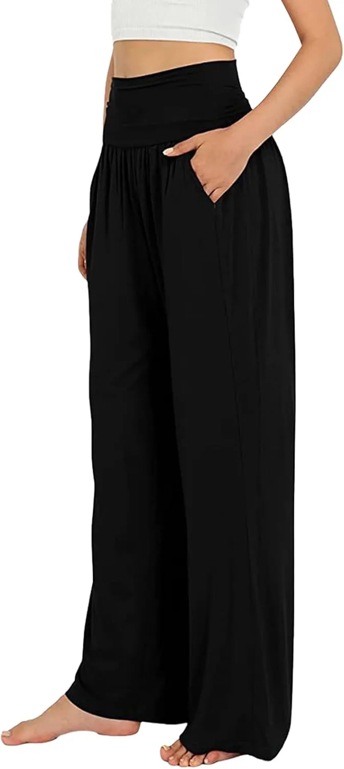 Women's Casual Wide Leg Pants High Waist Elastic Solid Color Long Loose Trousers Summer Spring Pant with Pockets