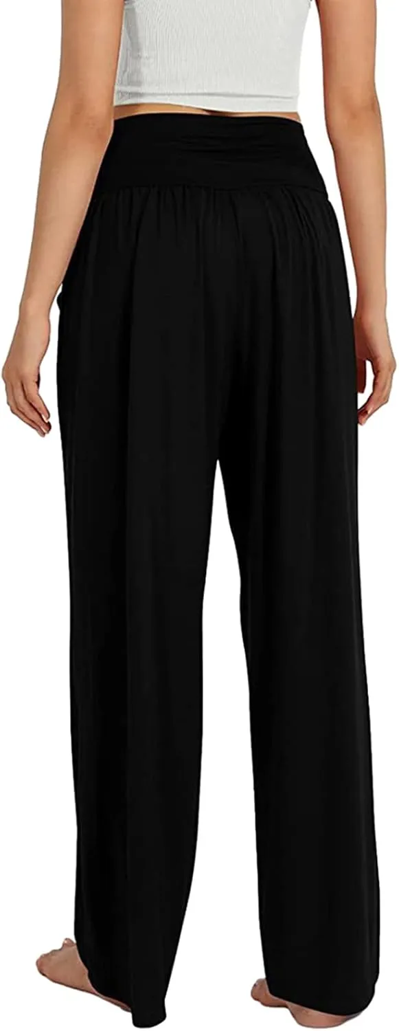 Women's Casual Wide Leg Pants High Waist Elastic Solid Color Long Loose Trousers Summer Spring Pant with Pockets