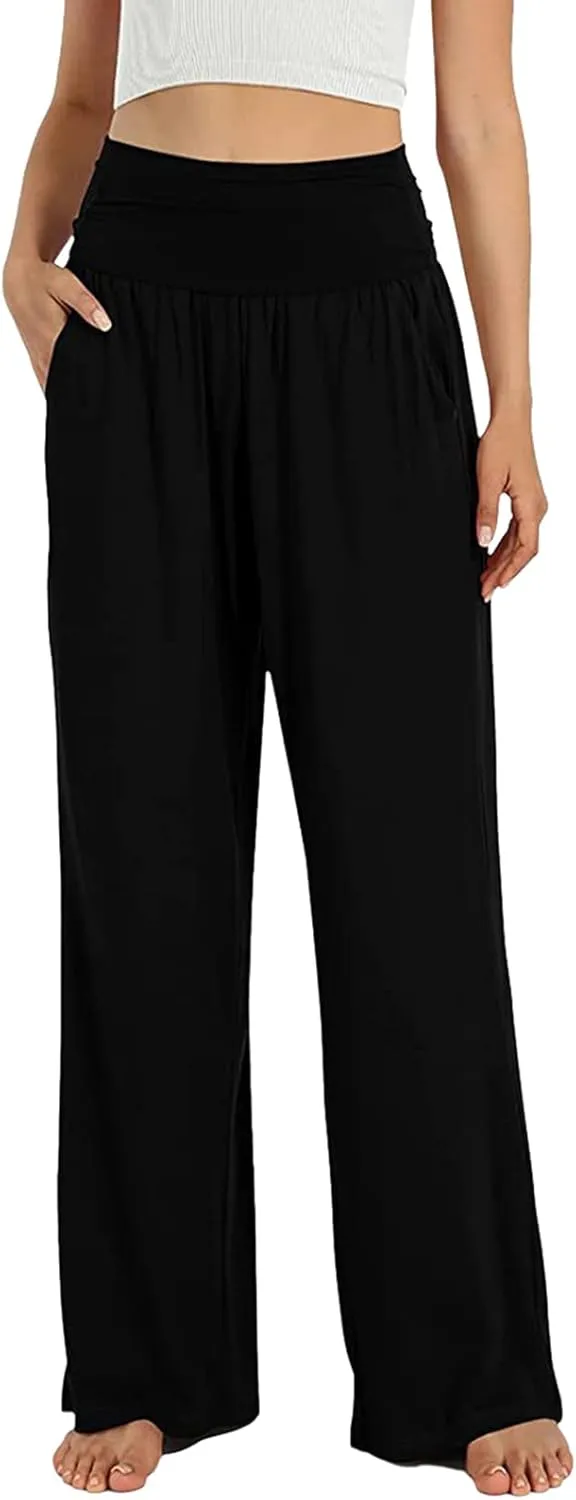 Women's Casual Wide Leg Pants High Waist Elastic Solid Color Long Loose Trousers Summer Spring Pant with Pockets