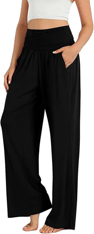 Women's Casual Wide Leg Pants High Waist Elastic Solid Color Long Loose Trousers Summer Spring Pant with Pockets