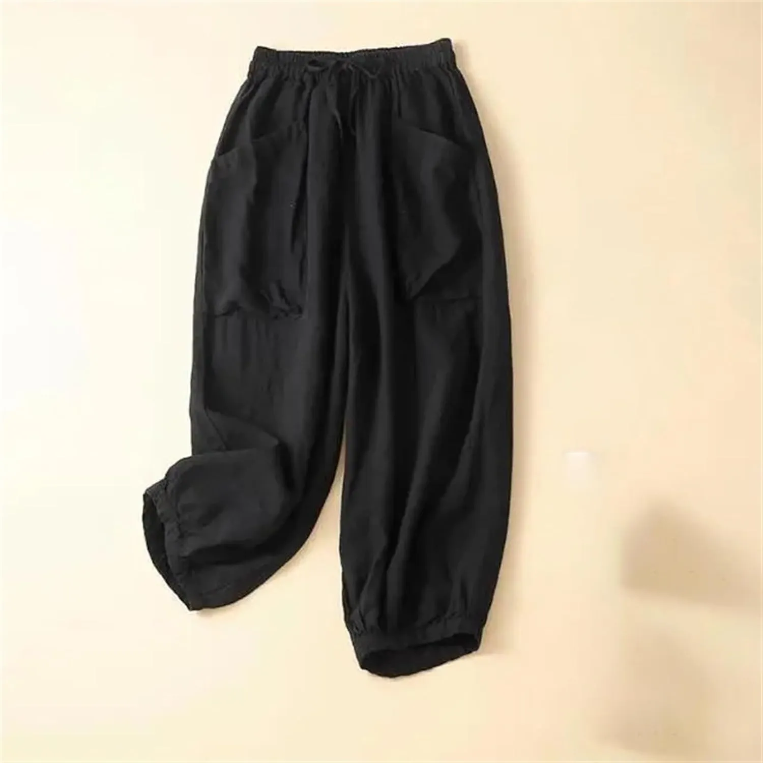 Women's Cotton Linen Casual Pants  Solid Color Elastic Drawstring Waist Wide-Leg with Pockets Summer Trousers