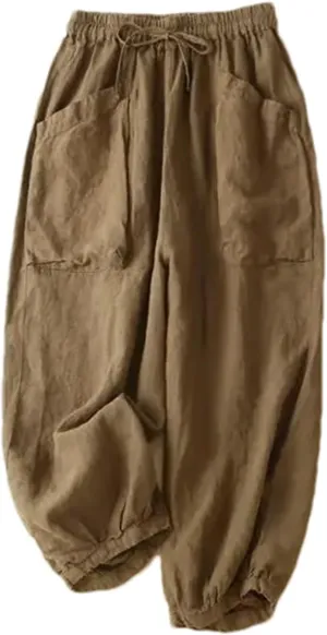 Women's Cotton Linen Casual Pants  Solid Color Elastic Drawstring Waist Wide-Leg with Pockets Summer Trousers