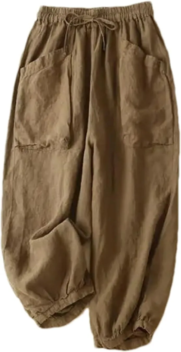 Women's Cotton Linen Casual Pants  Solid Color Elastic Drawstring Waist Wide-Leg with Pockets Summer Trousers