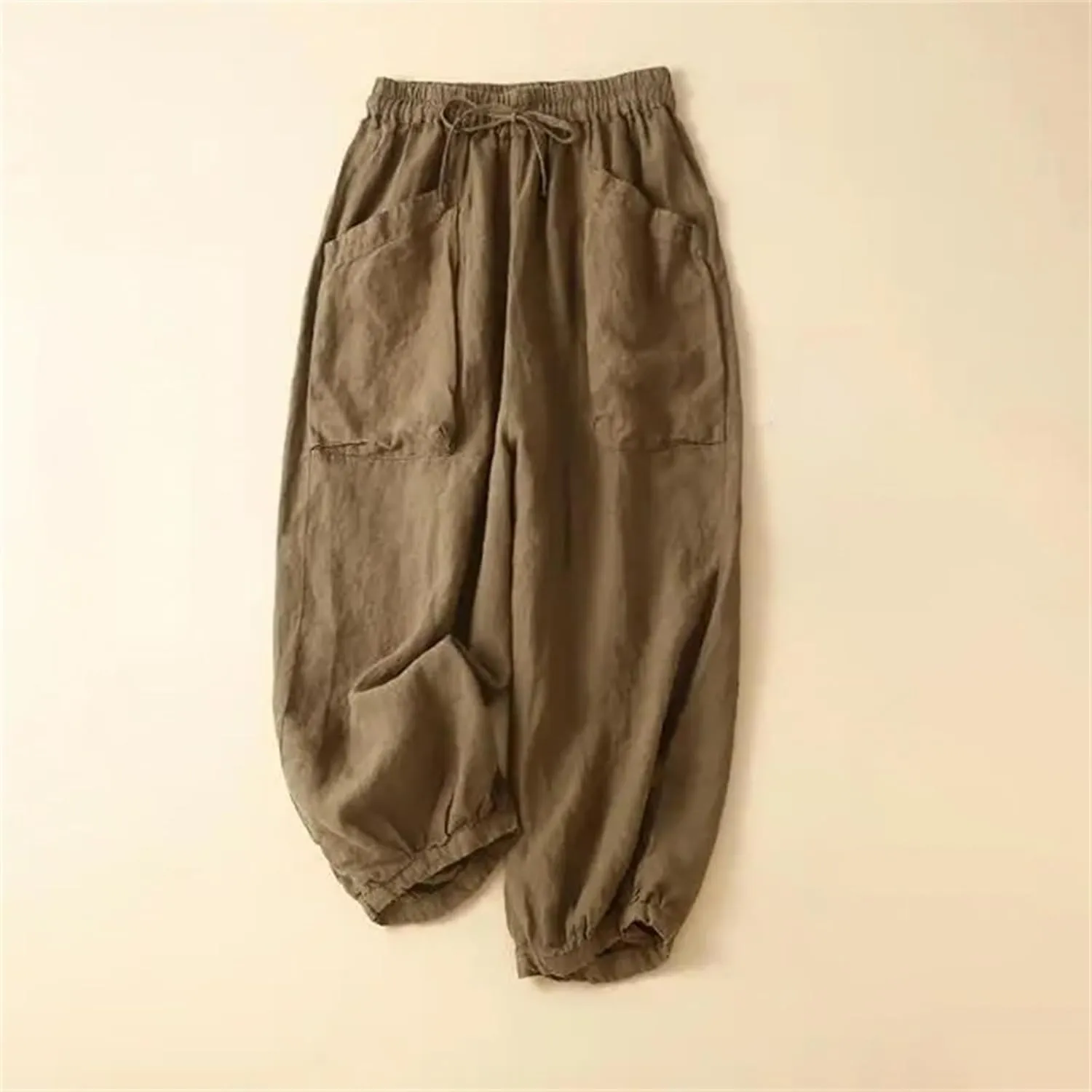 Women's Cotton Linen Casual Pants  Solid Color Elastic Drawstring Waist Wide-Leg with Pockets Summer Trousers