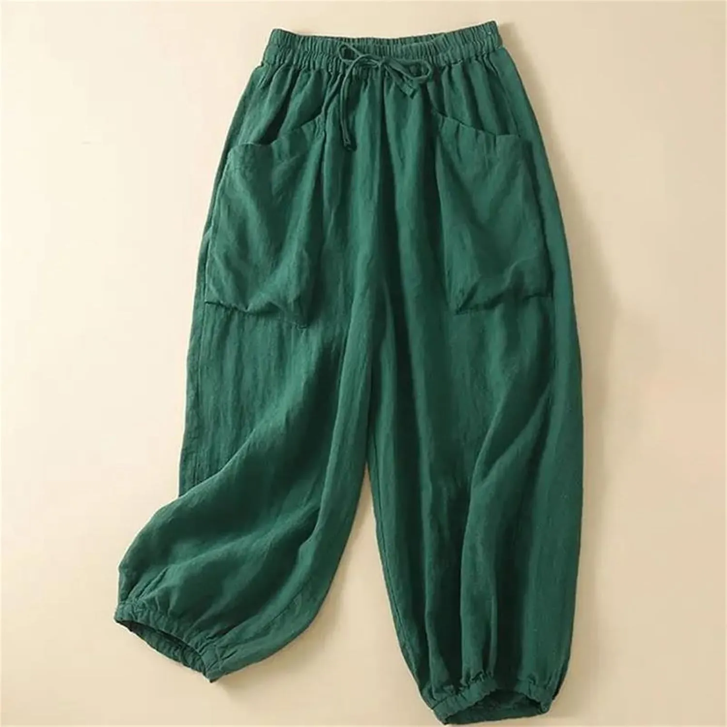 Women's Cotton Linen Casual Pants  Solid Color Elastic Drawstring Waist Wide-Leg with Pockets Summer Trousers