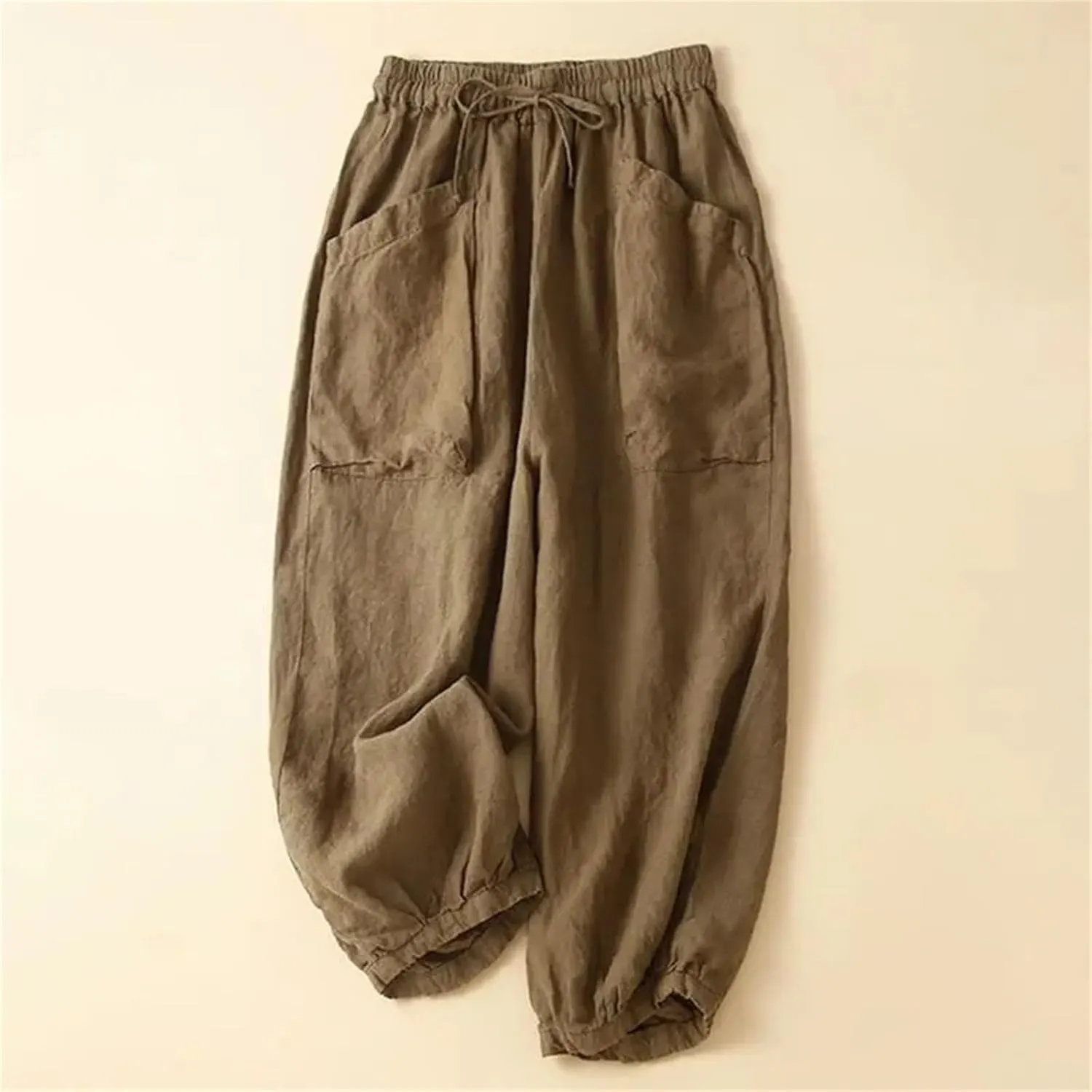 Women's Cotton Linen Casual Pants  Solid Color Elastic Drawstring Waist Wide-Leg with Pockets Summer Trousers