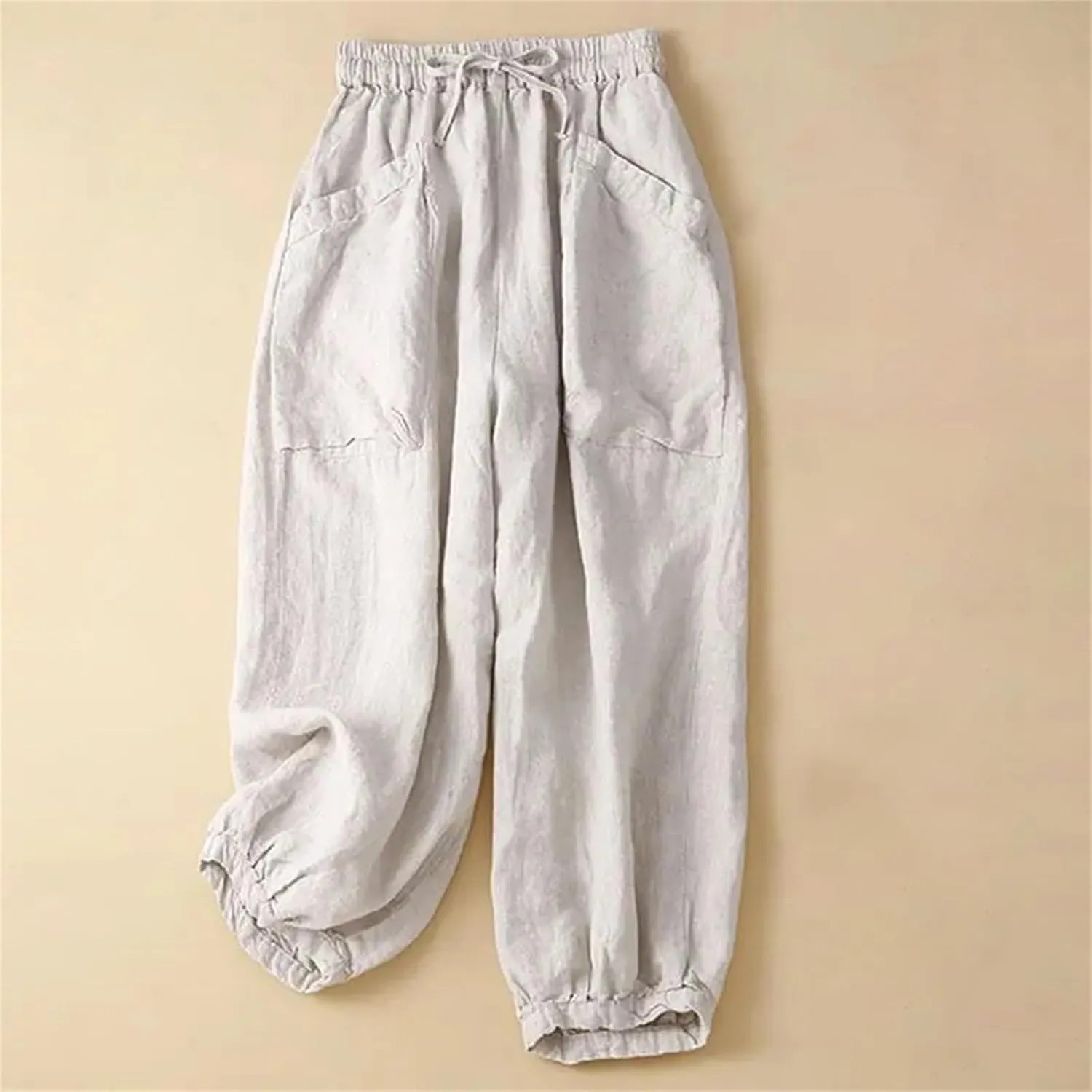 Women's Cotton Linen Casual Pants  Solid Color Elastic Drawstring Waist Wide-Leg with Pockets Summer Trousers