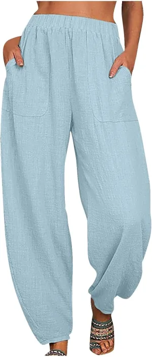 Womens Cotton Linen Harem Pants Lounge Elastic High Waist Trousers Summer Relaxed Fit Pant Solid Comfy Pockets Pants
