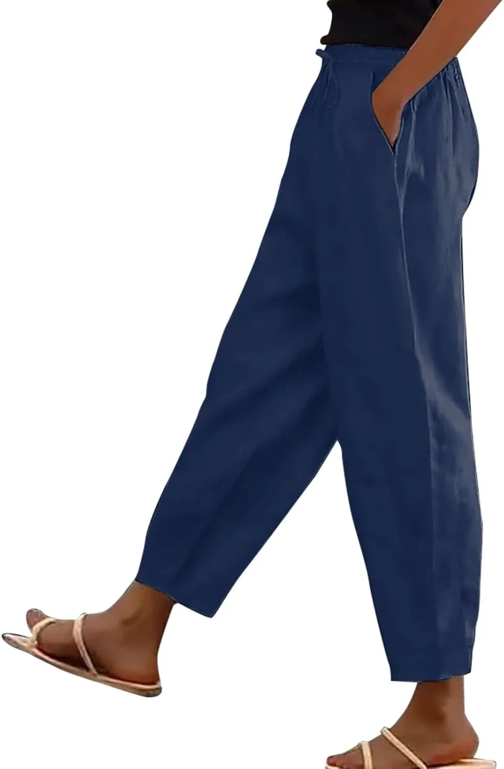Womens Cotton Linen Palazzo Pants Drawstring Elastic Waist Casual Beach Pants Summer Wide Leg Trousers with Pockets
