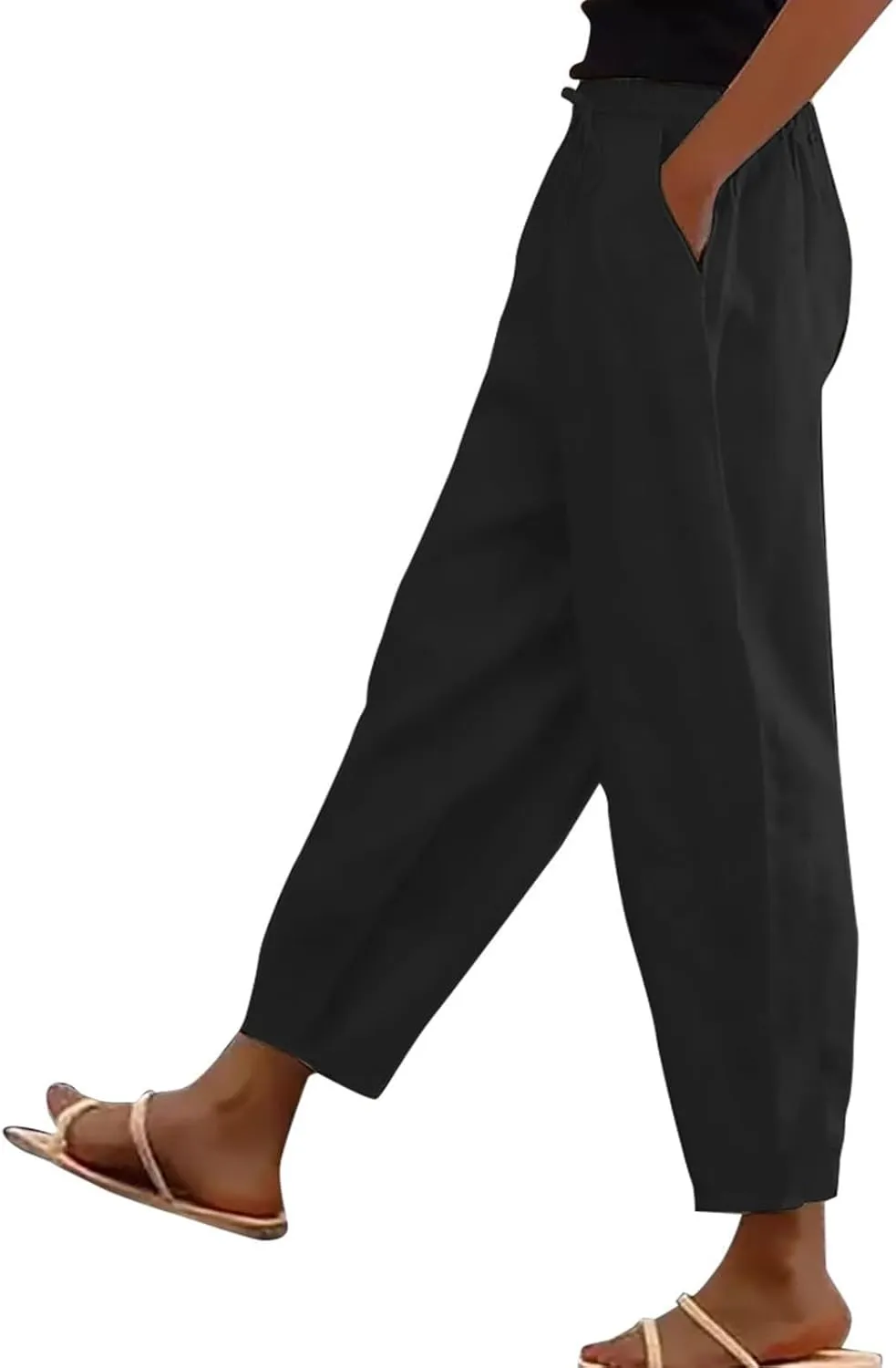 Womens Cotton Linen Palazzo Pants Drawstring Elastic Waist Casual Beach Pants Summer Wide Leg Trousers with Pockets