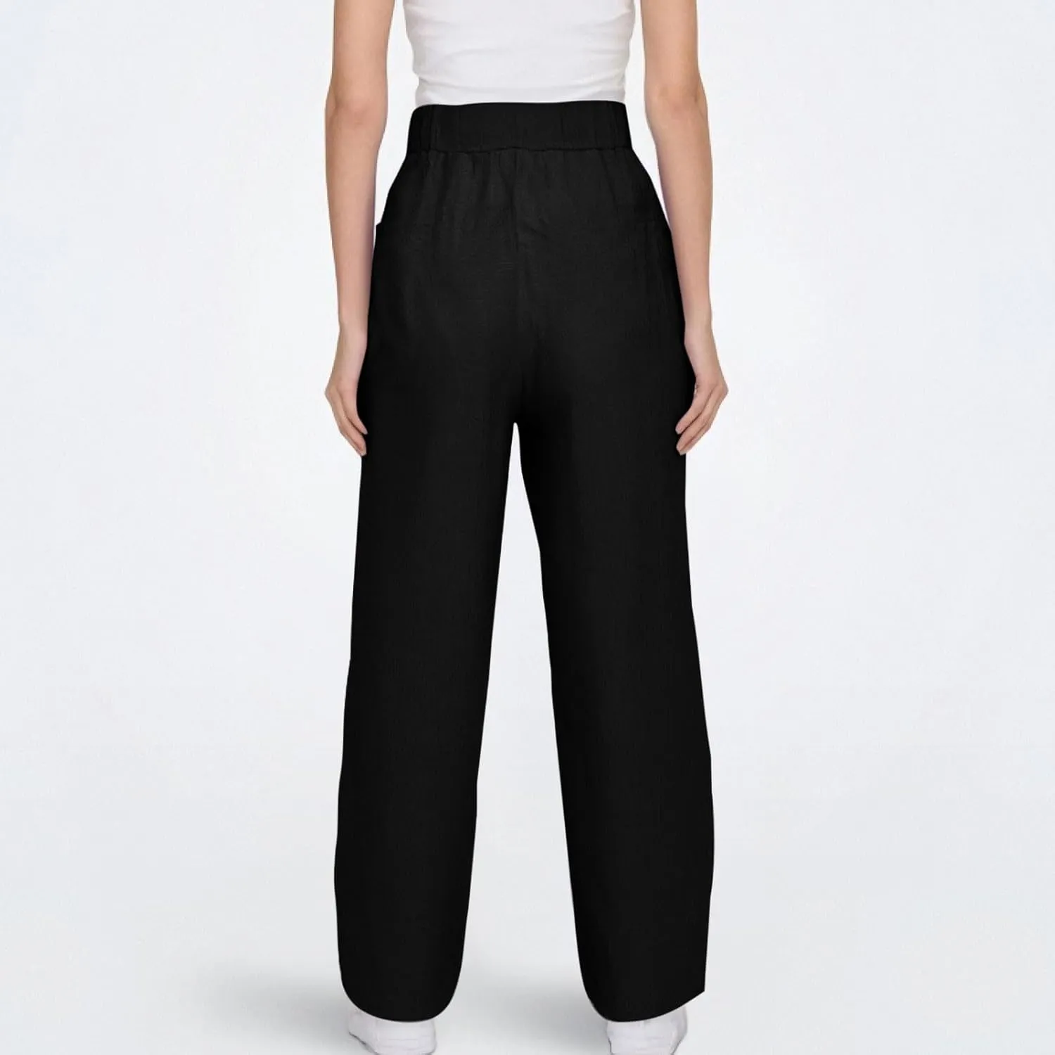 Womens Cotton Linen Palazzo Pants Drawstring Elastic Waist Casual Beach Pants Summer Wide Leg Trousers with Pockets