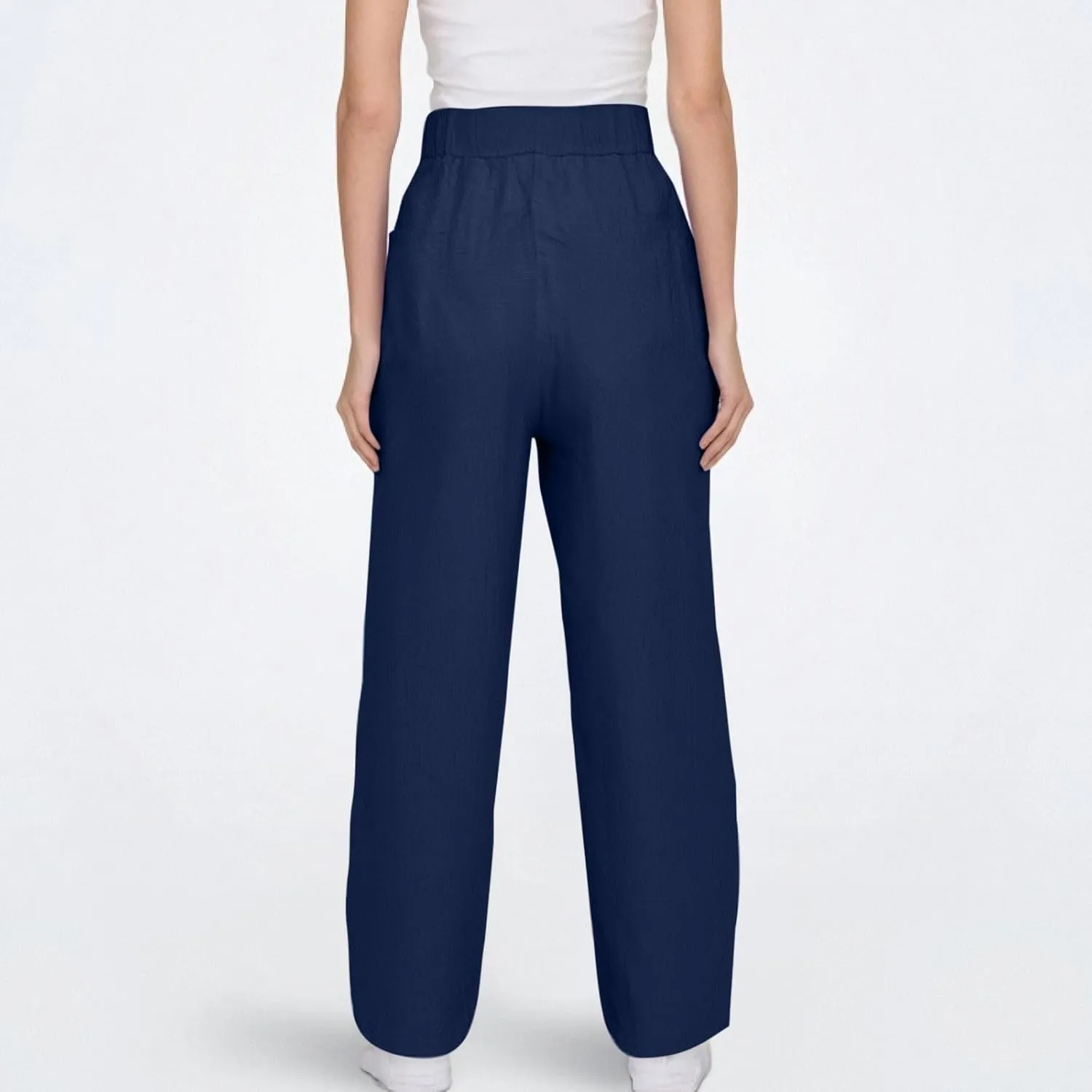 Womens Cotton Linen Palazzo Pants Drawstring Elastic Waist Casual Beach Pants Summer Wide Leg Trousers with Pockets