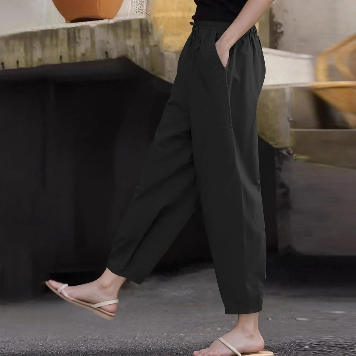 Womens Cotton Linen Palazzo Pants Drawstring Elastic Waist Casual Beach Pants Summer Wide Leg Trousers with Pockets