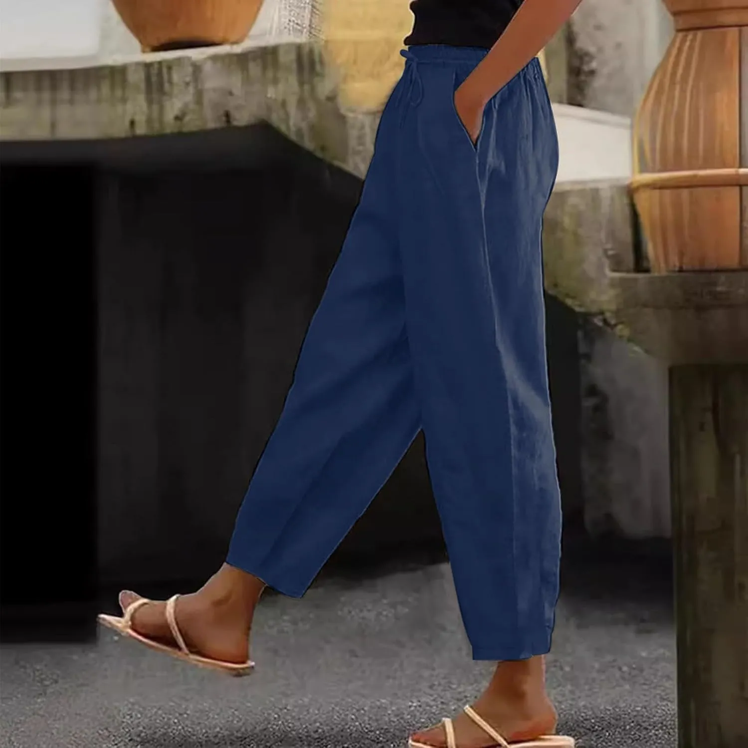 Womens Cotton Linen Palazzo Pants Drawstring Elastic Waist Casual Beach Pants Summer Wide Leg Trousers with Pockets