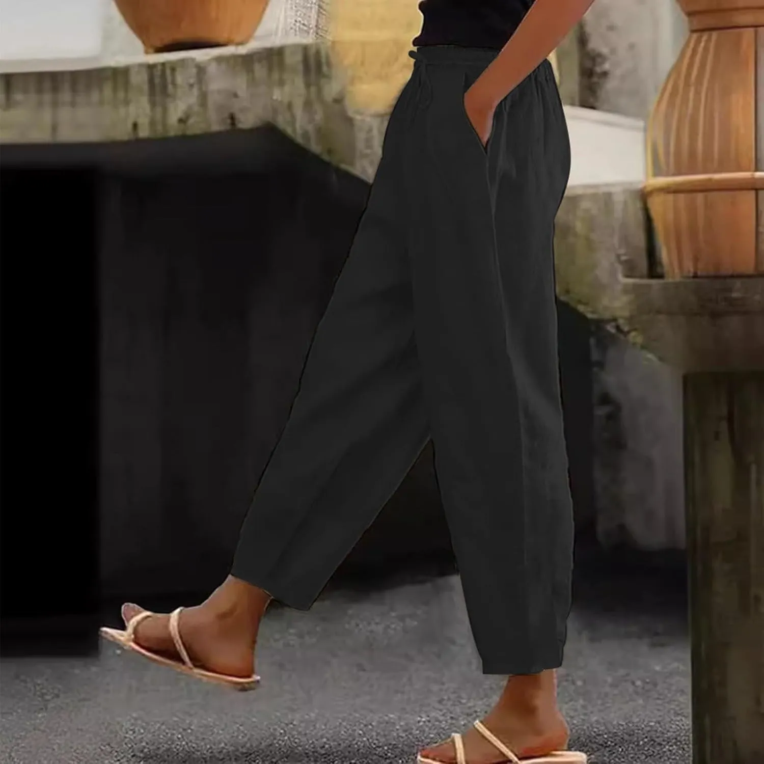 Womens Cotton Linen Palazzo Pants Drawstring Elastic Waist Casual Beach Pants Summer Wide Leg Trousers with Pockets
