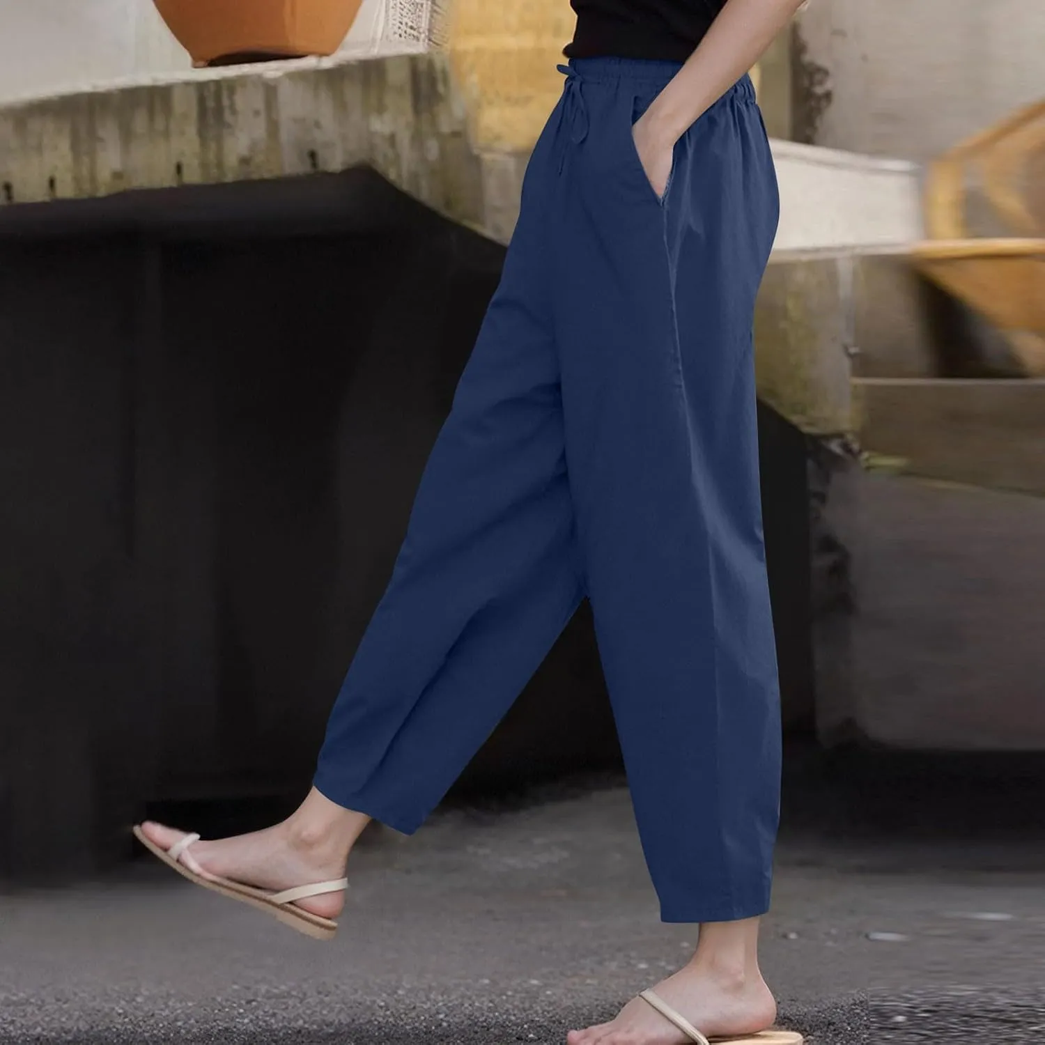 Womens Cotton Linen Palazzo Pants Drawstring Elastic Waist Casual Beach Pants Summer Wide Leg Trousers with Pockets