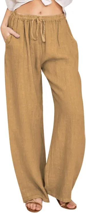 Women's Cotton Linen Pants Summer Wide Leg Casual Loose Drawstring High Waist Palazzo Pants Trousers with Pockets