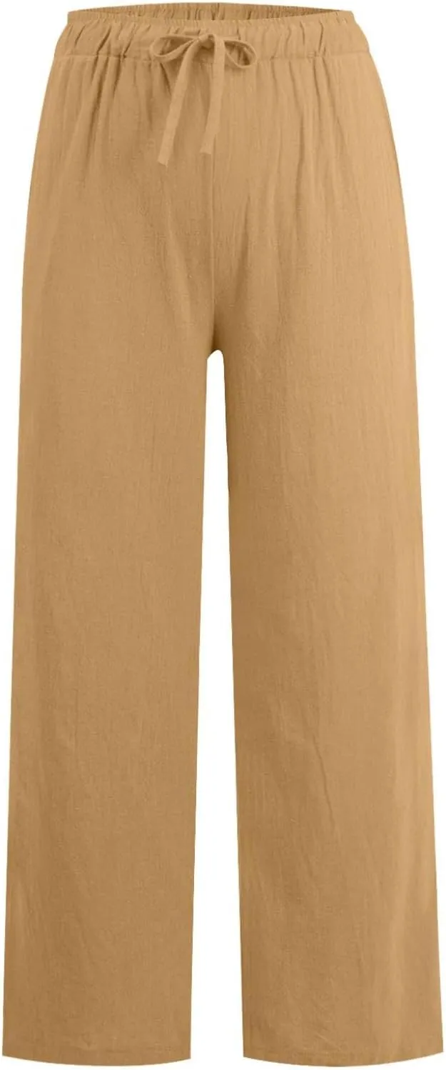 Women's Cotton Linen Pants Summer Wide Leg Casual Loose Drawstring High Waist Palazzo Pants Trousers with Pockets