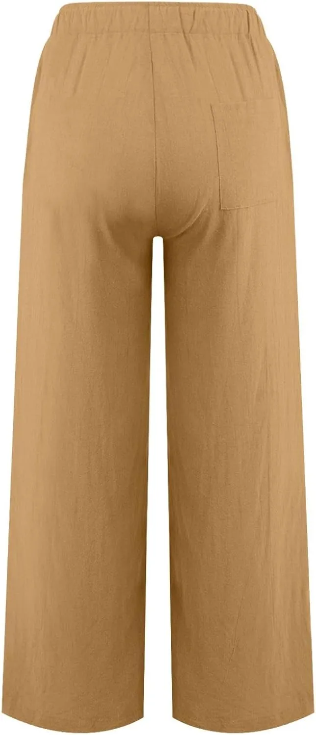 Women's Cotton Linen Pants Summer Wide Leg Casual Loose Drawstring High Waist Palazzo Pants Trousers with Pockets
