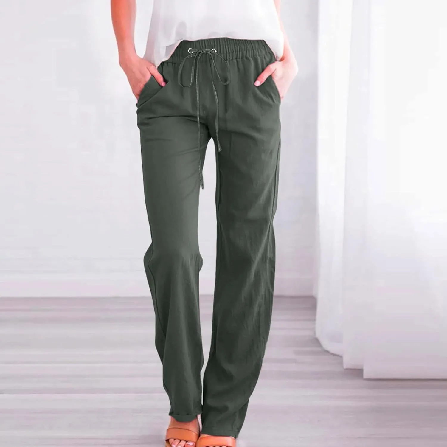 Women's Cotton Linen Summer Loose Flowy Pants Elastic Waisted Wide Leg Plus Size Trouser Business Work
