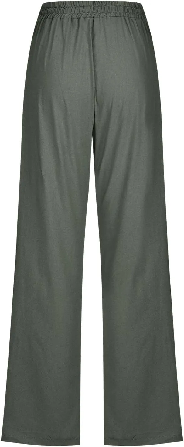 Women's Cotton Linen Summer Loose Flowy Pants Elastic Waisted Wide Leg Plus Size Trouser Business Work