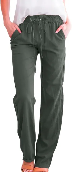 Women's Cotton Linen Summer Loose Flowy Pants Elastic Waisted Wide Leg Plus Size Trouser Business Work
