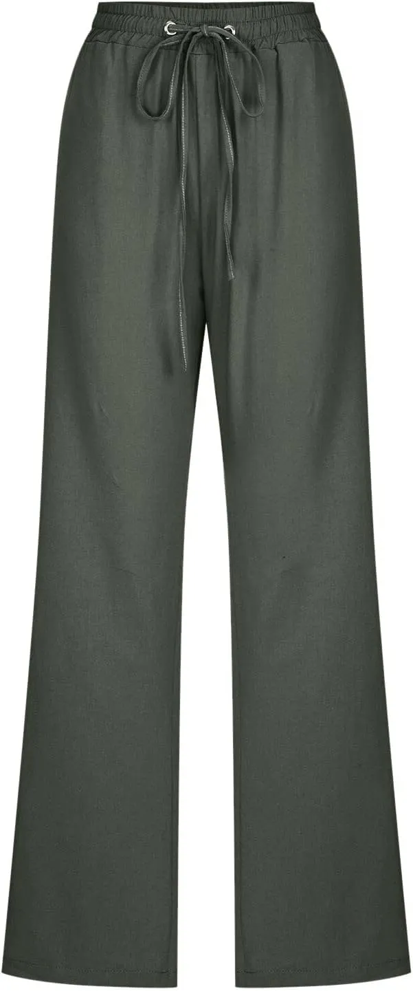 Women's Cotton Linen Summer Loose Flowy Pants Elastic Waisted Wide Leg Plus Size Trouser Business Work