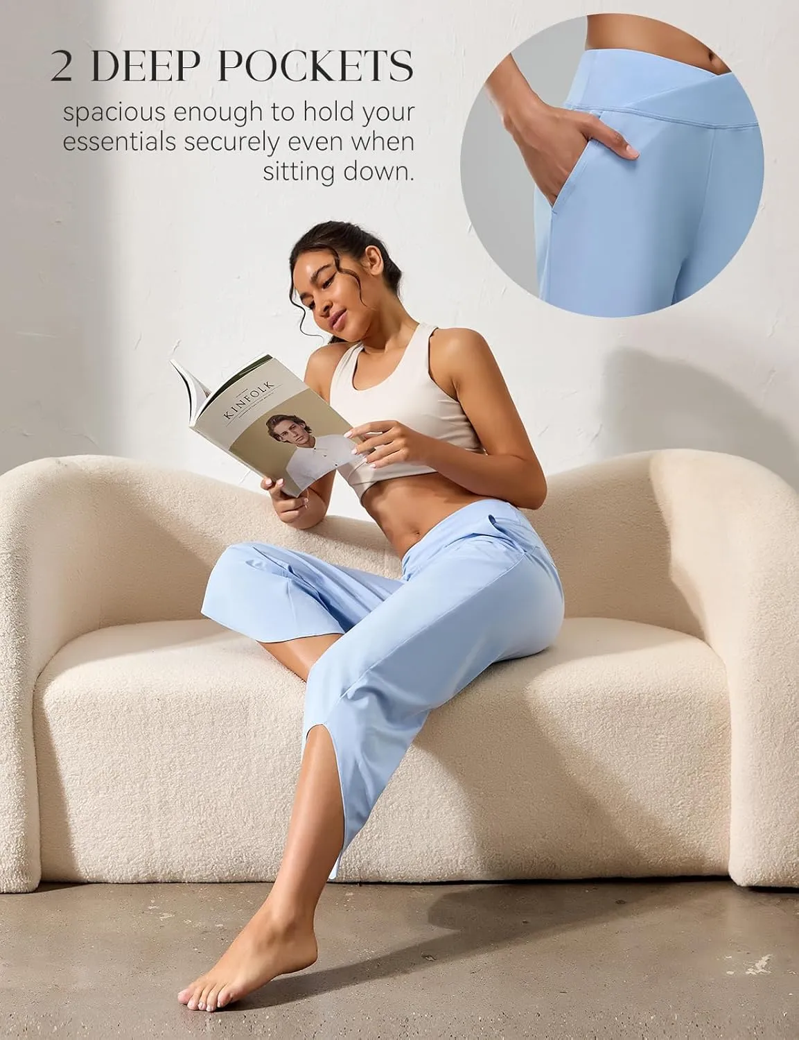 Women's Cross High Waist Wide Leg Cropped Pants Lightweight Dressy Casual Lounge Yoga Travel Trousers w Pockets