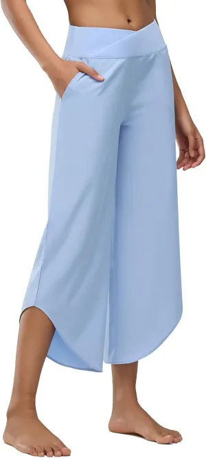 Women's Cross High Waist Wide Leg Cropped Pants Lightweight Dressy Casual Lounge Yoga Travel Trousers w Pockets