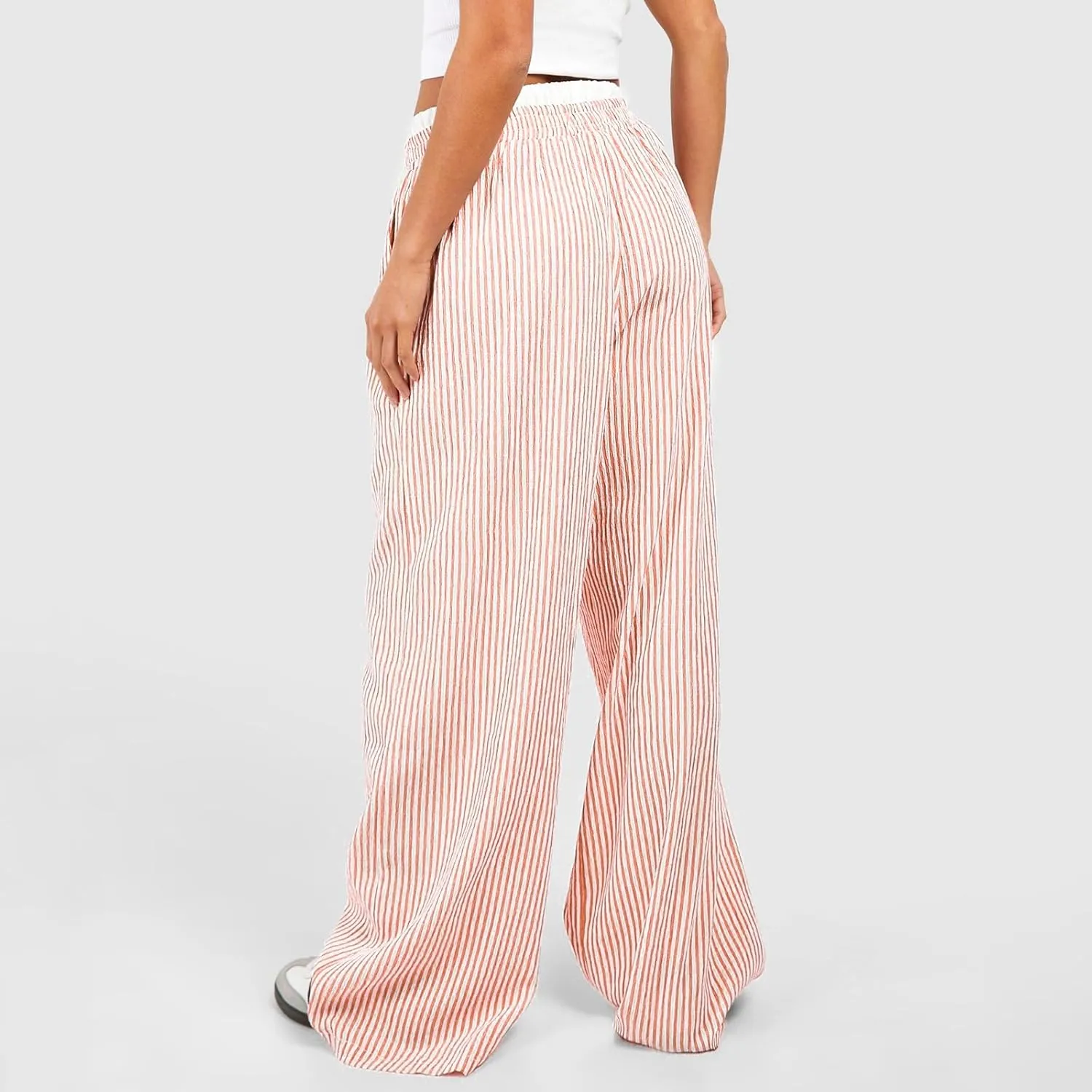 Women's Fashion High Waist Stripe Pants Y2K Patched Elastic Waist Straight Wide Leg Trousers E-girls Pj Bottoms