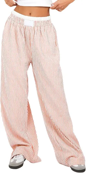 Women's Fashion High Waist Stripe Pants Y2K Patched Elastic Waist Straight Wide Leg Trousers E-girls Pj Bottoms