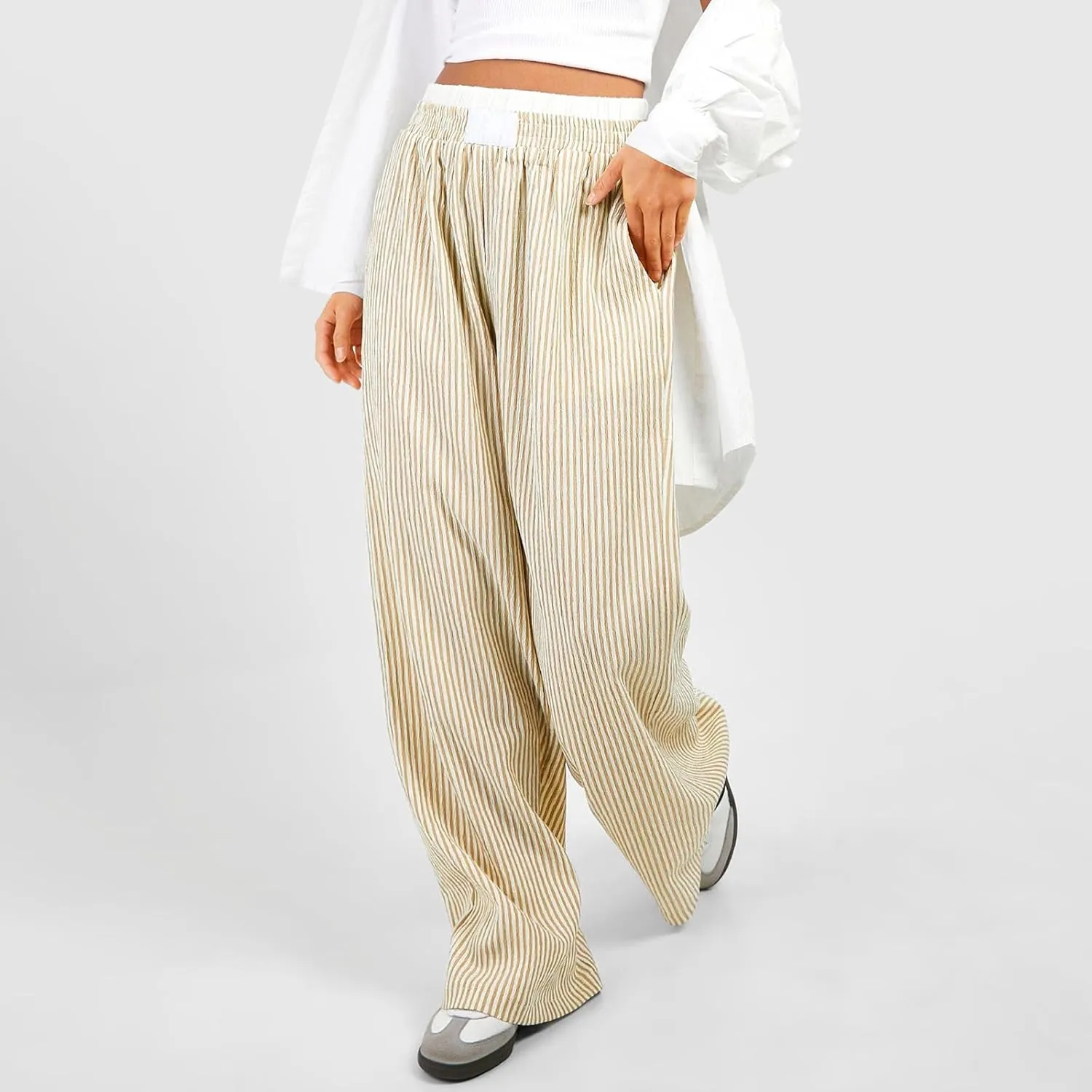Women's Fashion High Waist Stripe Pants Y2K Patched Elastic Waist Straight Wide Leg Trousers E-girls Pj Bottoms