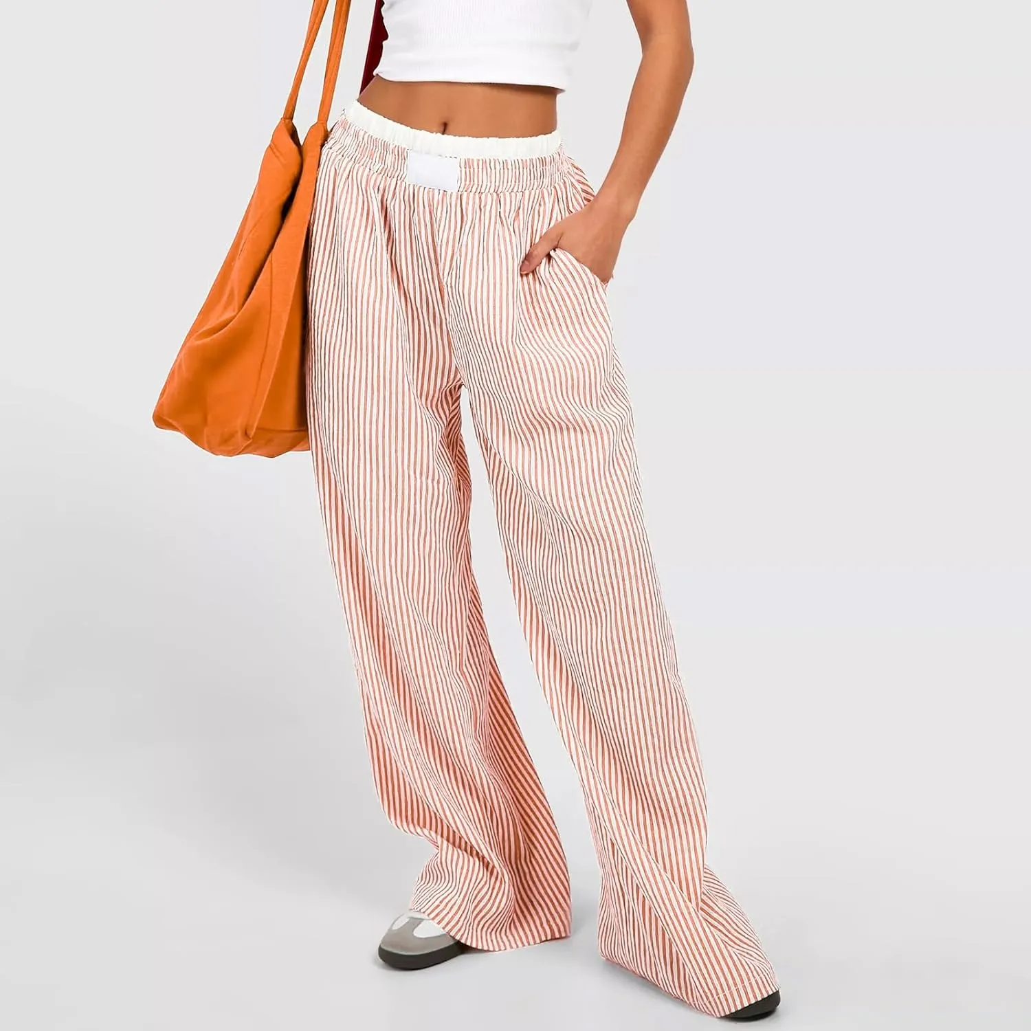 Women's Fashion High Waist Stripe Pants Y2K Patched Elastic Waist Straight Wide Leg Trousers E-girls Pj Bottoms