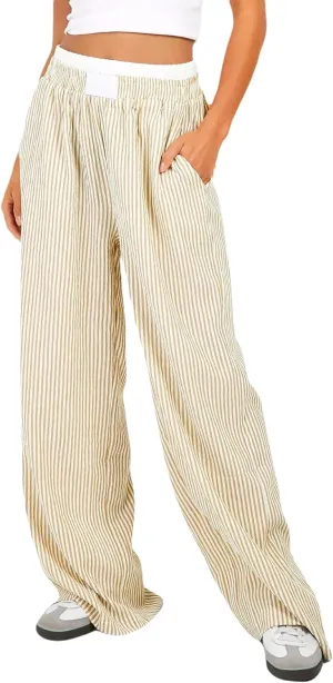 Women's Fashion High Waist Stripe Pants Y2K Patched Elastic Waist Straight Wide Leg Trousers E-girls Pj Bottoms